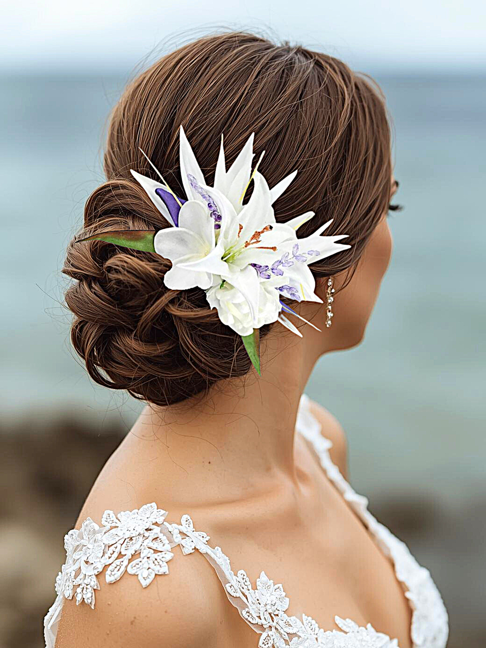 Bridal hair accessory with White Bird of Paradise & Real Touch